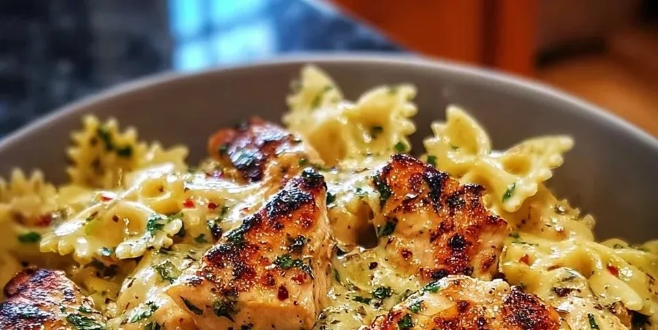 Plate of mozzarella garlic butter chicken bowties in cheesy cream sauce