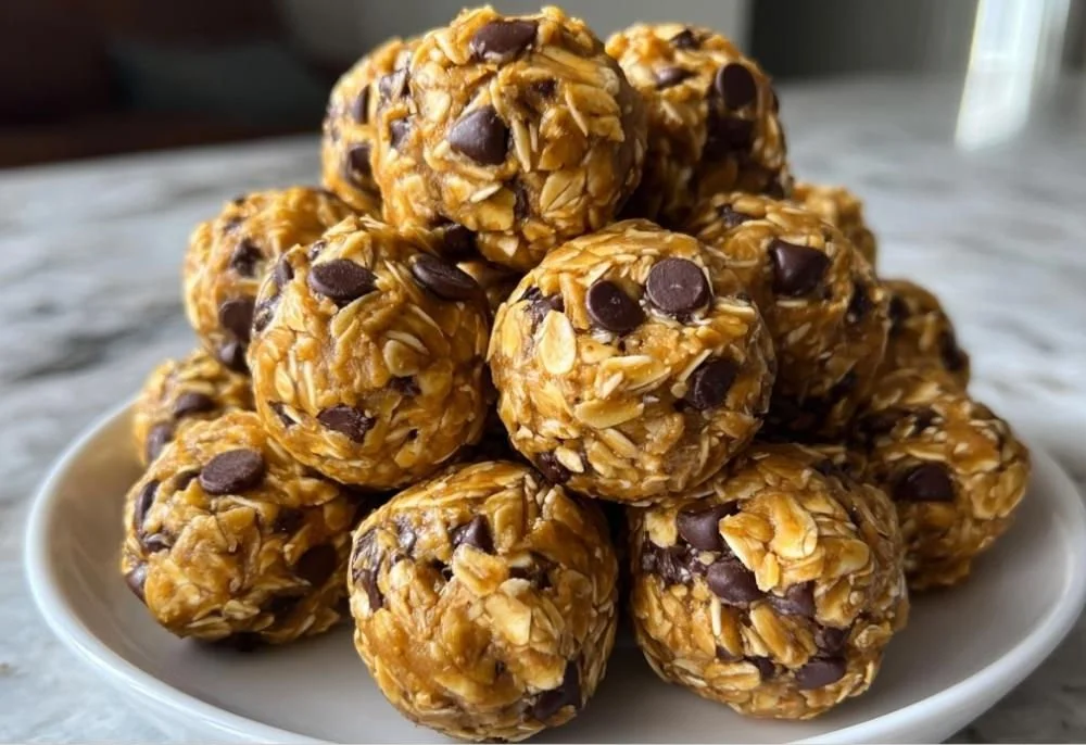 Homemade no-bake chocolate peanut butter protein balls on a white plate