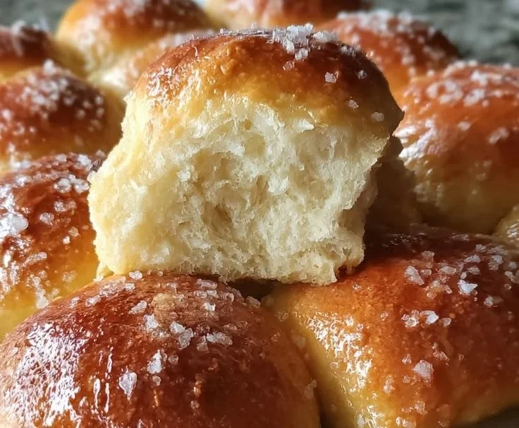 Fluffy no-knead buttermilk dinner rolls fresh out of the oven.