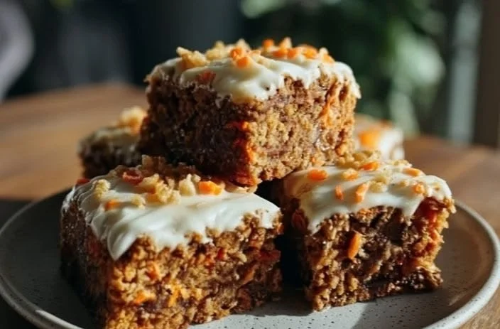 No Sugar Carrot Cake Bars topped with cottage cheese, a healthy dessert option.