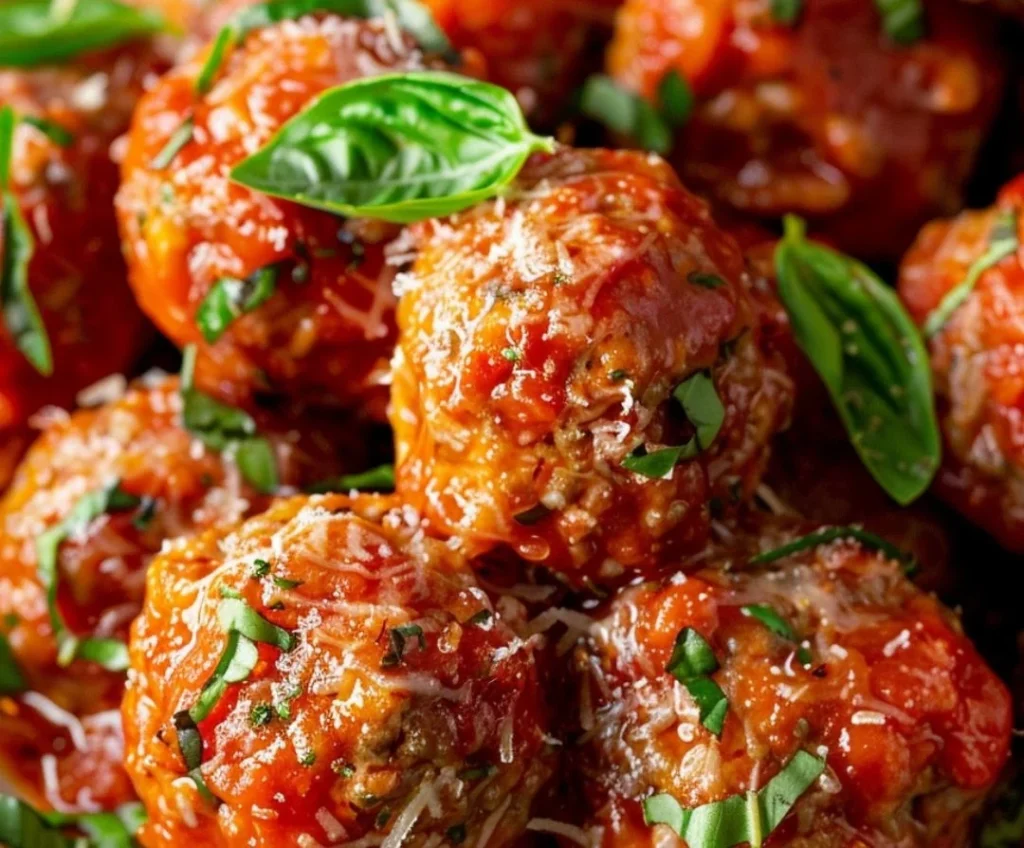 Bowl of Nonna's homemade Italian meatballs with marinara sauce and herbs