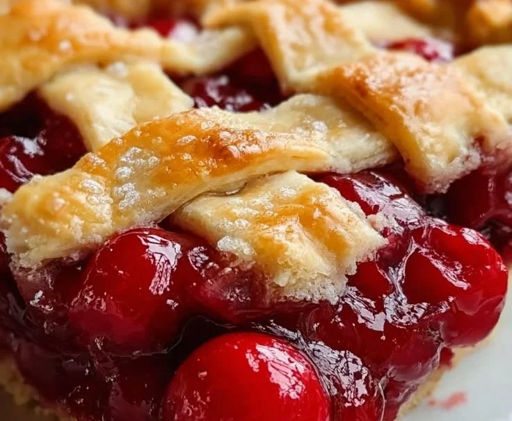Slice of old-fashioned Poor Man's cherry pie on a plate