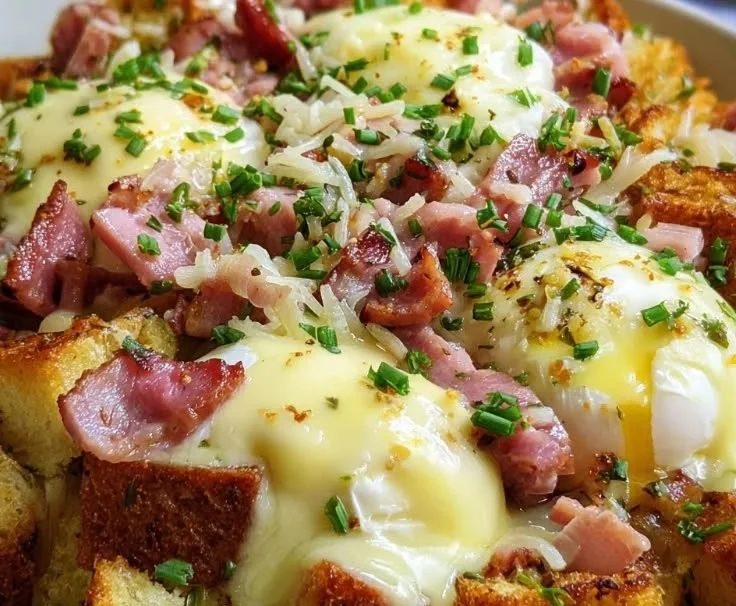 Delicious Overnight Eggs Benedict Casserole ready for a brunch feast.