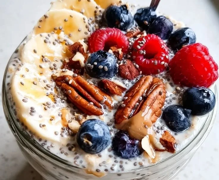 Bowl of overnight oats with chia seeds topped with fruits and nuts
