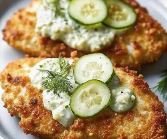 Parmesan-Crusted Chicken garnished with crispy dill pickles
