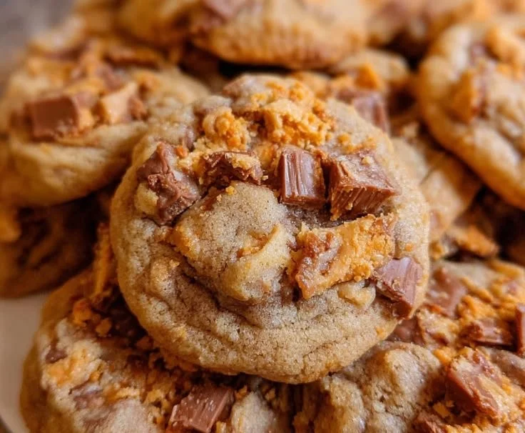 Plate of homemade Peanut Butter Butterfinger Cookies topped with crushed Butterfinger pieces