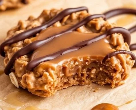 Delicious peanut butter chocolate caramel cookies on a plate