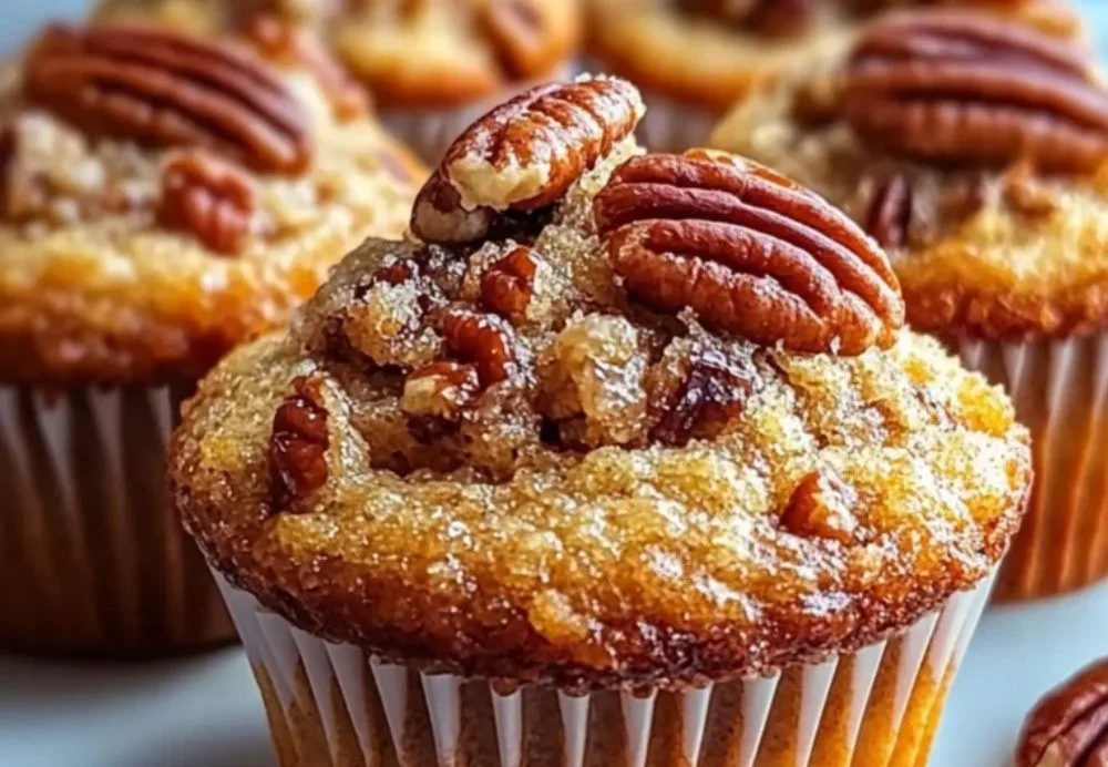 Pecan pie muffins with brown sugar garnished on a plate