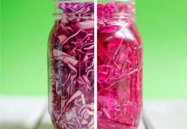 Delicious pickled red cabbage in a jar, showcasing its vibrant color and texture.