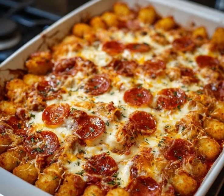 Delicious Pizza Tater Tot Casserole served in a baking dish