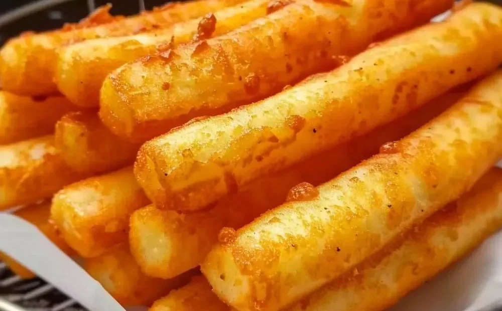 Golden brown potato cheese sticks served on a plate with dipping sauce.