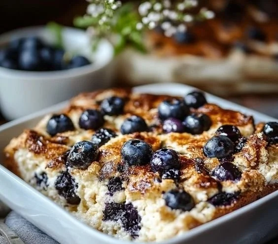 Protein-packed lemon blueberry breakfast bake sliced and served
