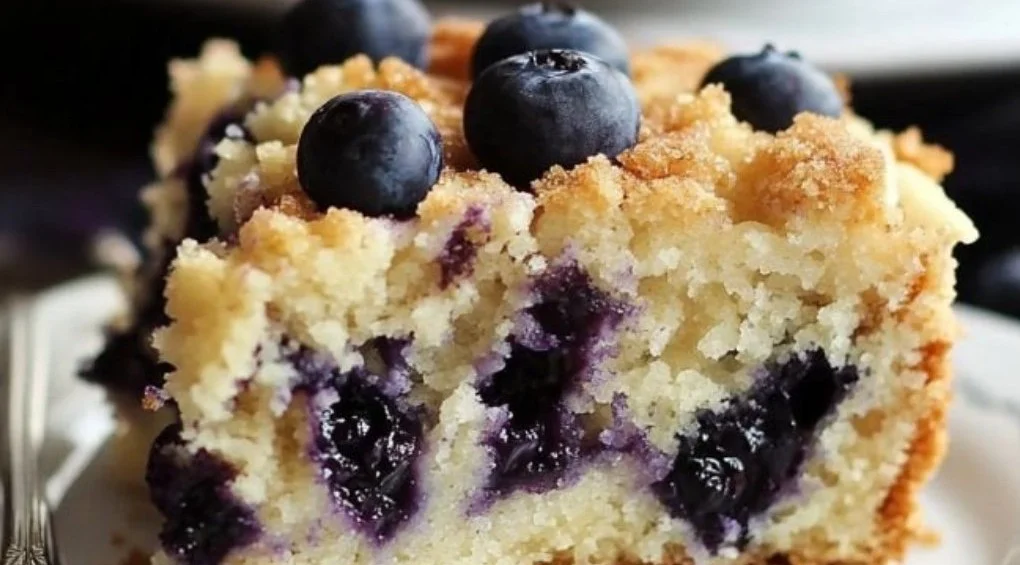 Delicious blueberry coffee cake for one, served on a plate.