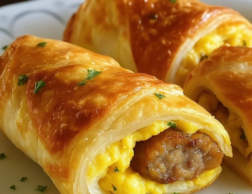Quick and delicious sausage egg breakfast rolls on a plate.