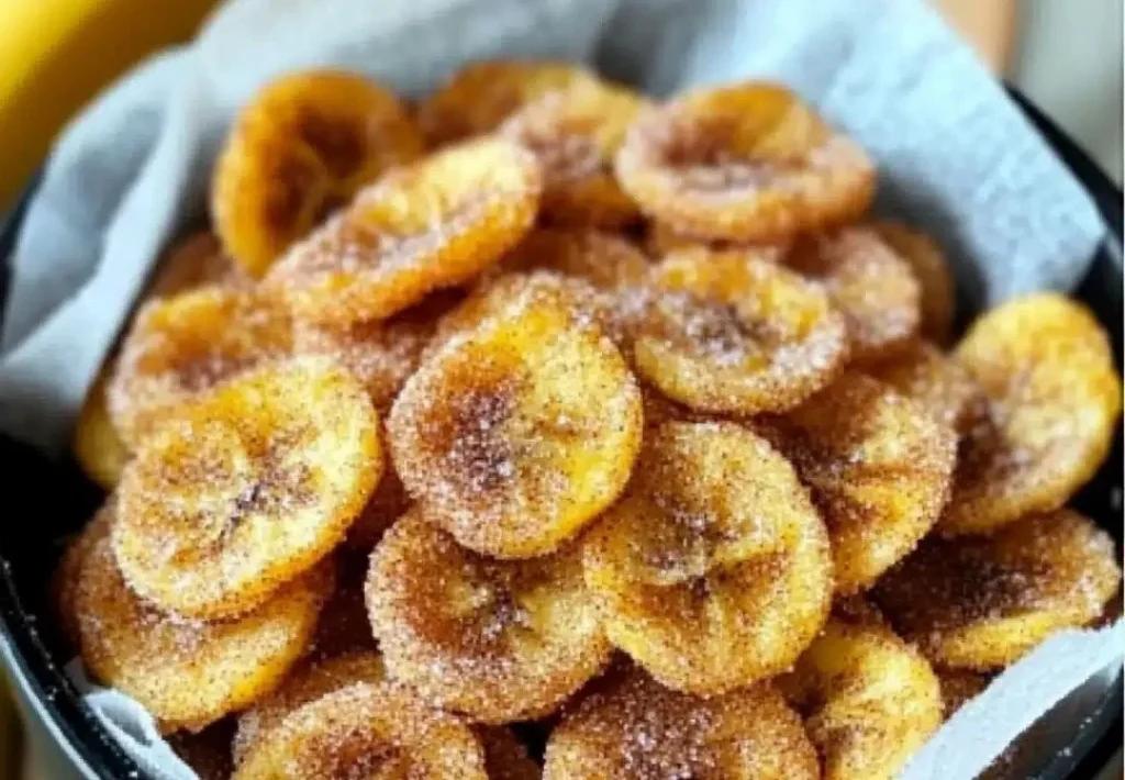 Cinnamon-sugar air fryer banana chips served in a bowl