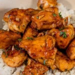 Quick and easy honey garlic chicken bites recipe for dinner.