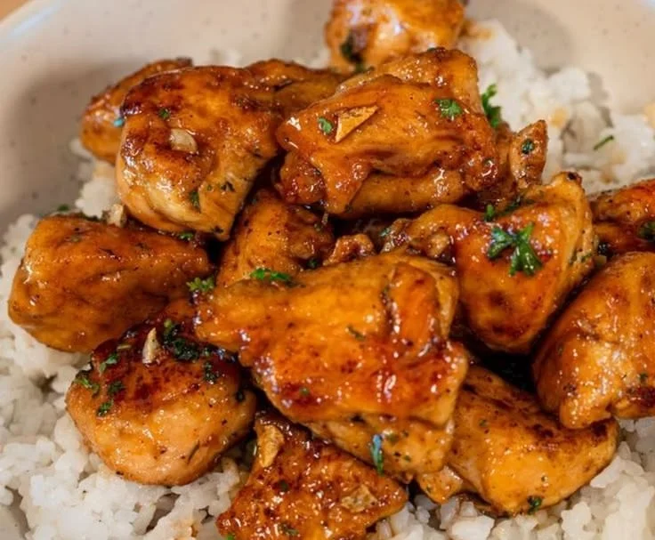 Quick and easy honey garlic chicken bites recipe for dinner.