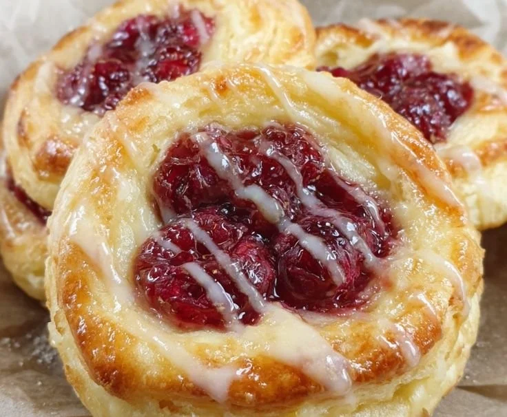 Raspberry Cheesecake Danish Pastry with fresh raspberries and creamy filling