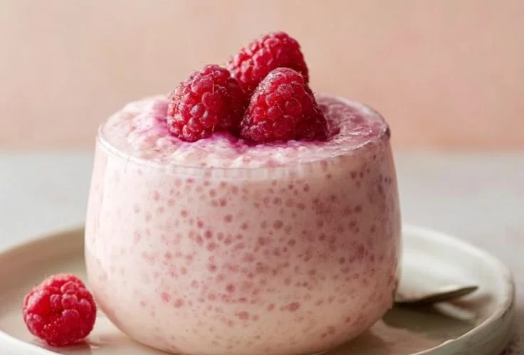 Delicious Raspberry Vanilla Chia Pudding in a glass topped with fresh raspberries