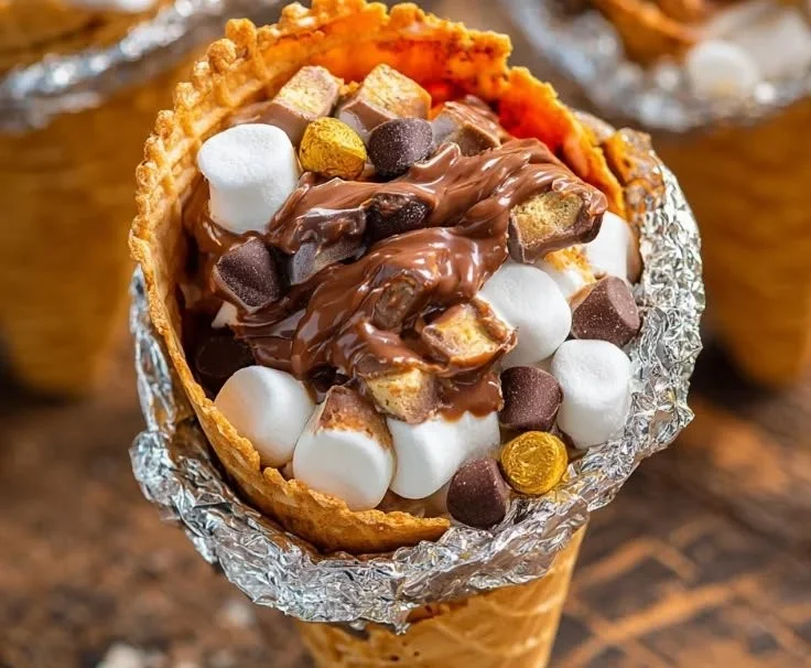 Delicious Reese's Campfire Cones served at a campfire