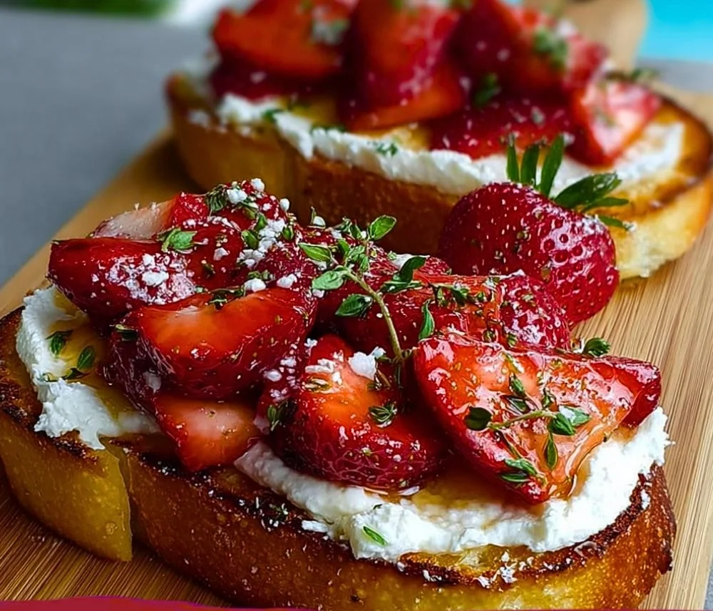 Roasted strawberry whipped ricotta toast on a wooden board topped with fresh strawberries