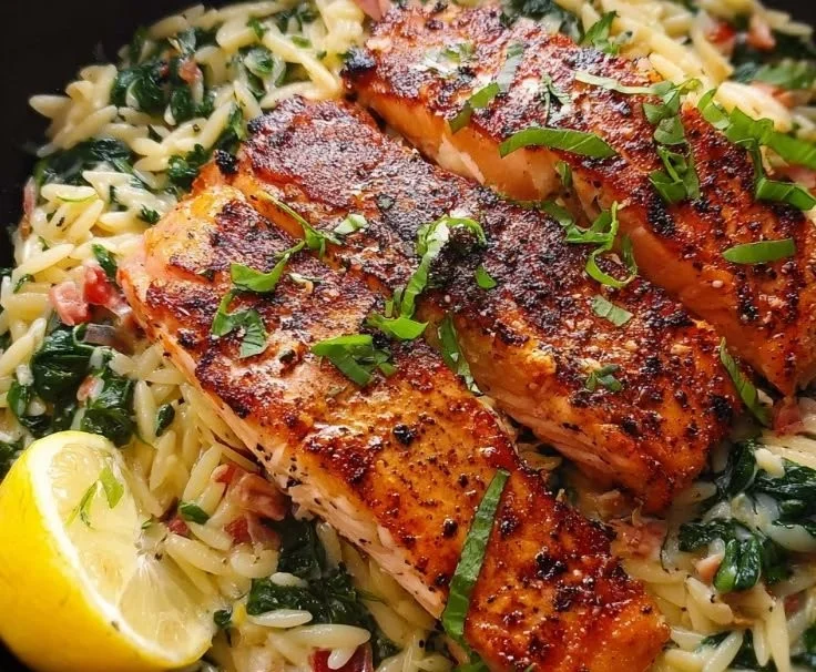 Plate of Salmon Orzo with fresh greens and lemon slices