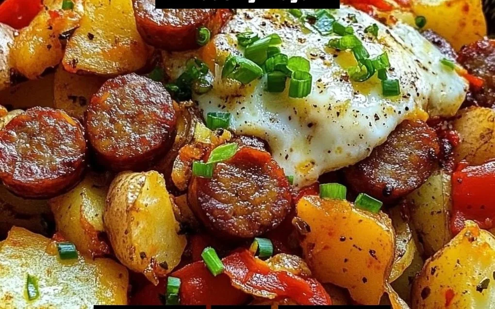 Sausage and potato breakfast bowls topped with fresh herbs and seasoning
