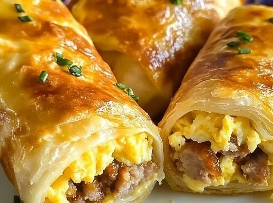 Sausage, egg, and cheese breakfast roll-ups on a plate with fresh herbs