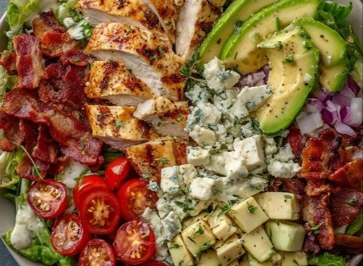 A bowl of savory BLT Chicken Salad with bacon, lettuce, and grilled chicken.