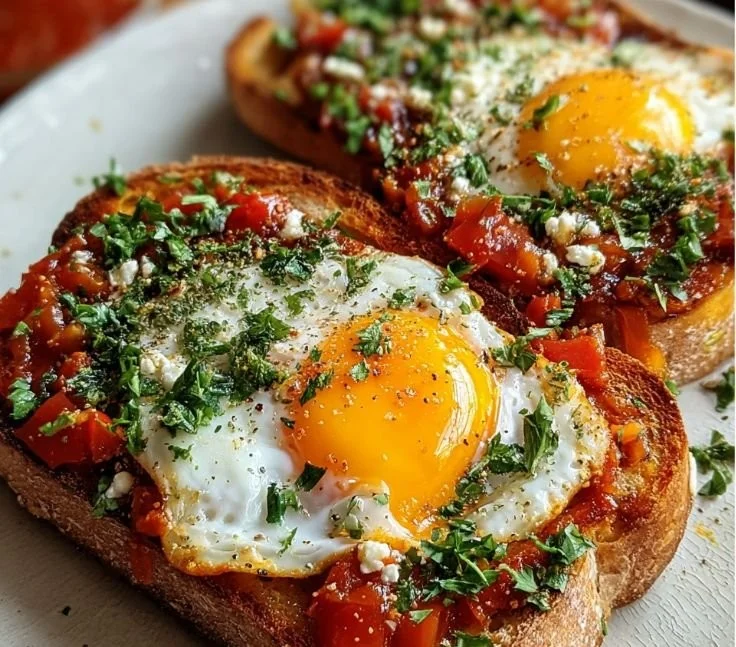 Delicious Shakshouka Toast topped with spicy tomatoes and eggs on crunchy bread.