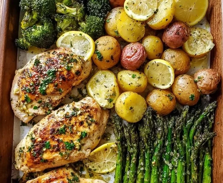Sheet Pan Garlic Butter Chicken with colorful veggies ready to serve