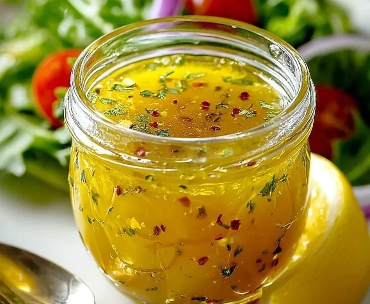 Simple lemon vinaigrette dressing in a glass jar with fresh lemons