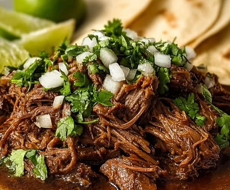Tender slow cooker barbacoa beef served in taco shells with toppings