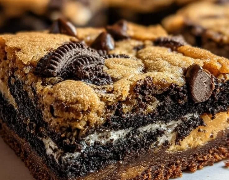 Delicious slutty brownies layered with cookie dough, brownie, and Oreos