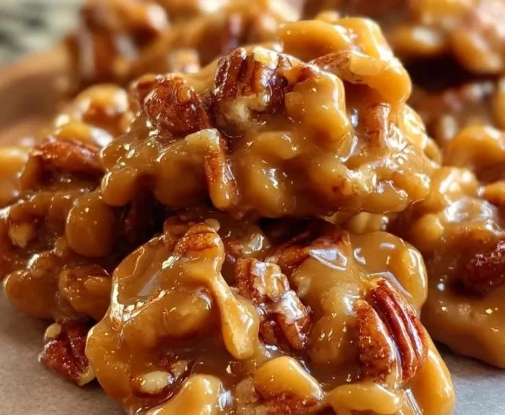 Deliciously soft caramel pecan clusters in a close-up view, showcasing rich ingredients.