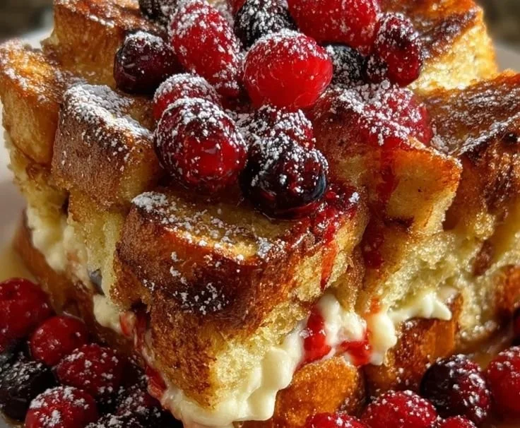 Delicious Sourdough French Toast Casserole served with syrup and berries