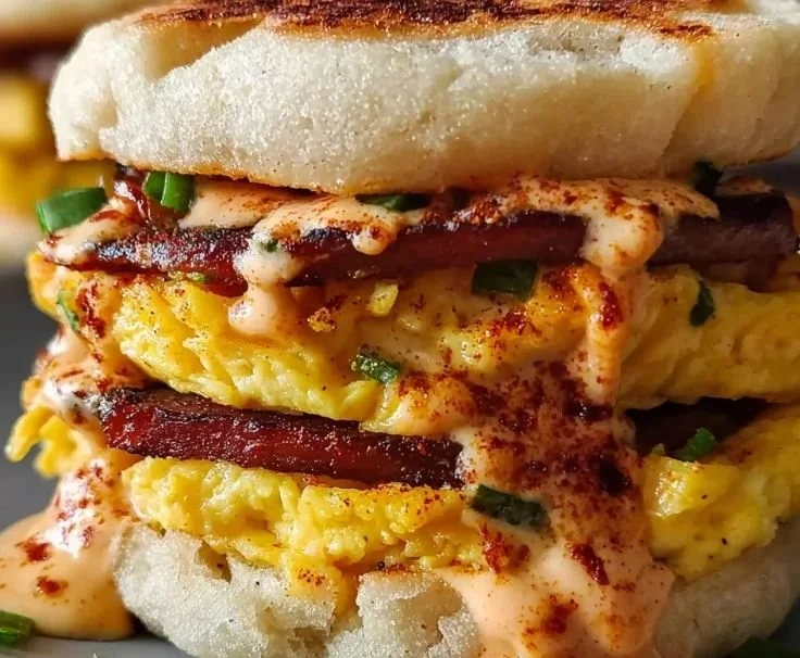 Spicy chipotle egg breakfast sandwich garnished with fresh ingredients