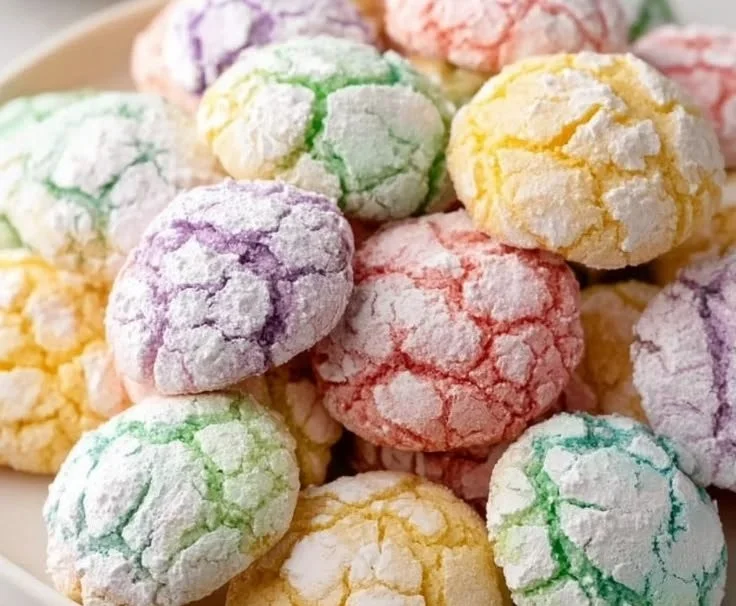 Colorful springtime crinkle cookies dusted with powdered sugar
