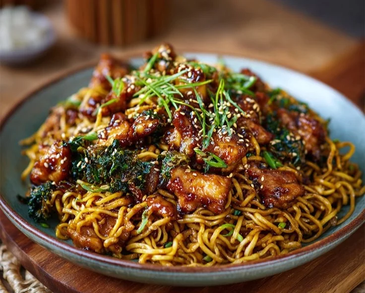 Delicious sticky garlic chicken noodles served in a bowl with fresh herbs.