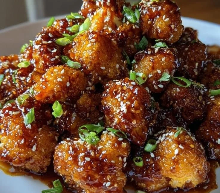 Sticky honey garlic cauliflower served in a bowl, garnished with green onions