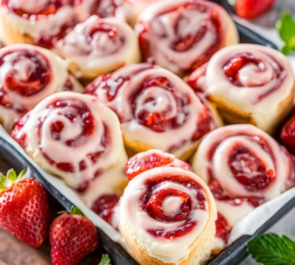 Strawberry Cheesecake Cinnabon Rolls topped with cream cheese frosting and fresh berries