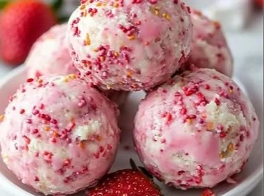 Delicious strawberry cheesecake protein balls on a white platter