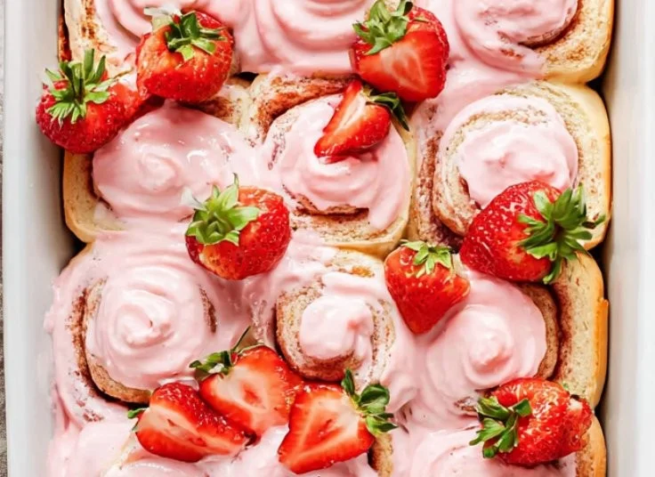 Frosted strawberry cinnamon rolls on a plate ready to enjoy
