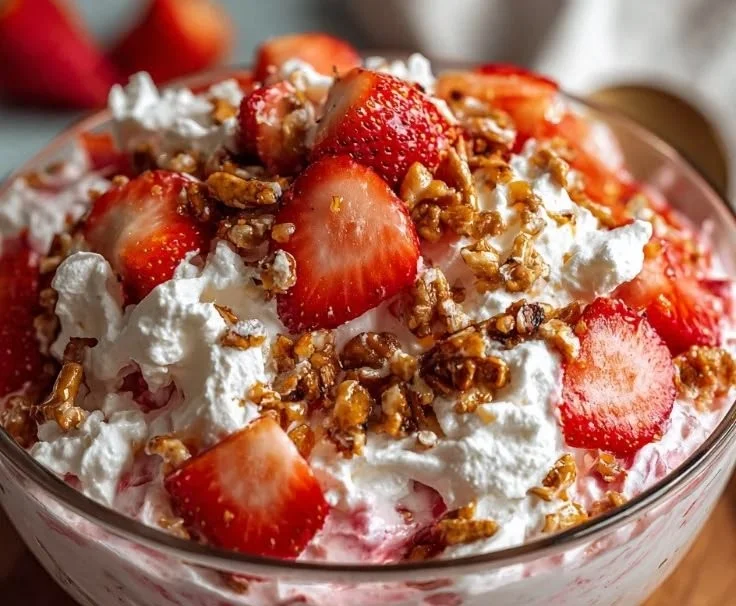 Colorful Strawberry Crackle Salad with fresh strawberries and crunchy toppings