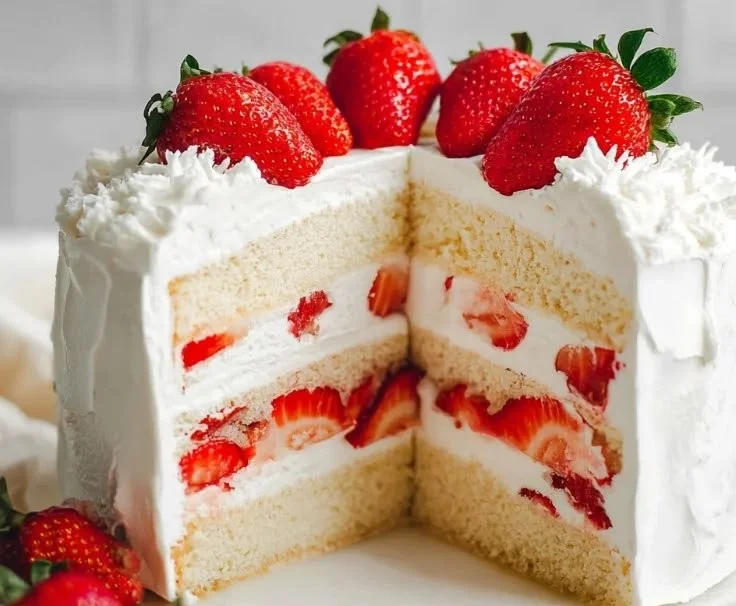 Delicious Strawberry Cream Cake topped with fresh strawberries and cream