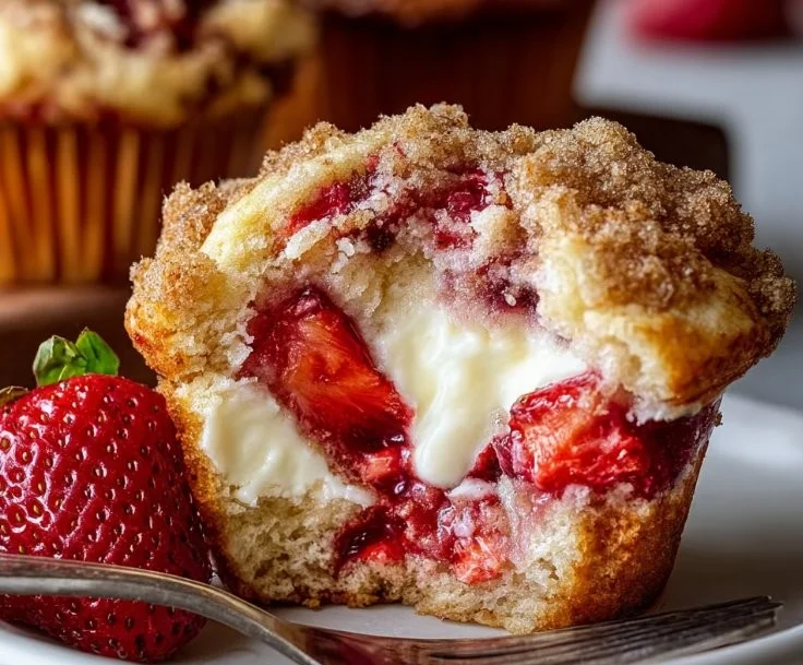 Freshly baked strawberry cream cheese muffins with a golden crust