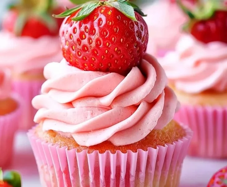 Delicious strawberry cupcakes topped with creamy frosting and fresh strawberries