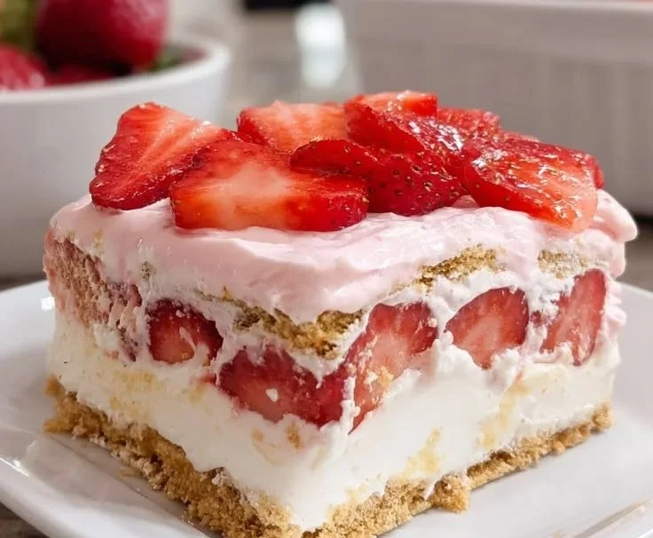 Delicious strawberry eclair cake topped with fresh strawberries and cream