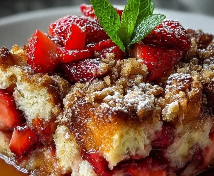 Delicious Strawberry French Toast Casserole topped with fresh strawberries