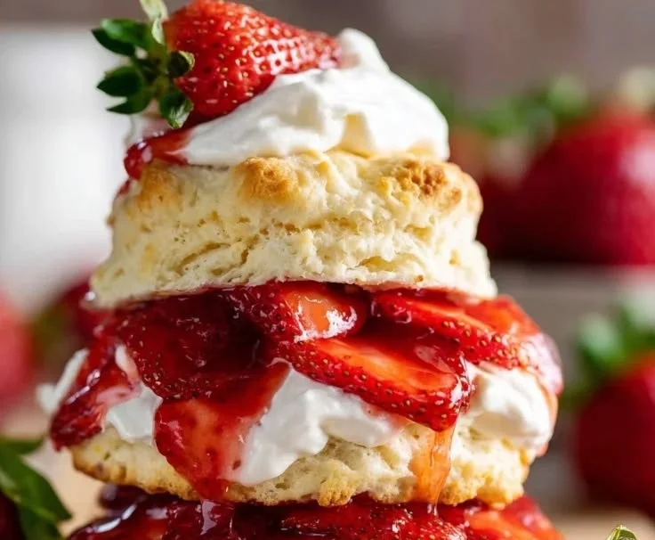 Delicious homemade strawberry shortcake topped with fresh strawberries and whipped cream.